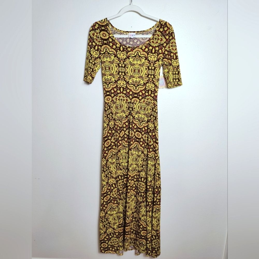NWT LuLaRoe Ana Knit Yellow Red Paisley Scoop Neck Half Sleeves Maxi Dress, S